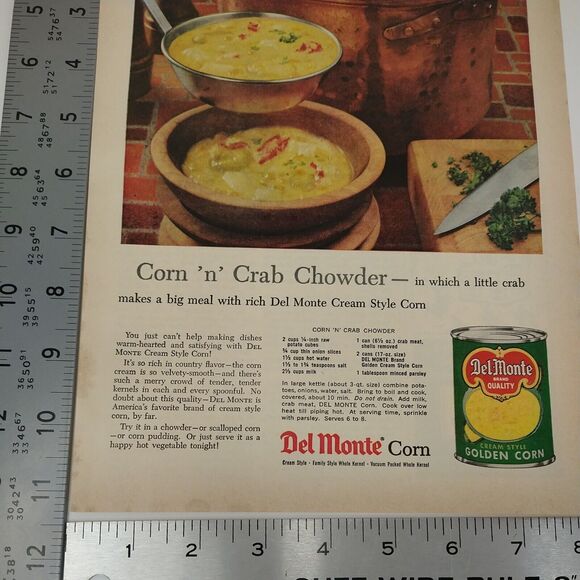 1958 Del Monte Corn Ad Crab Chowder Bronze Pot Wood Bowl Recipe MCM Print Ad - Picture 8 of 8